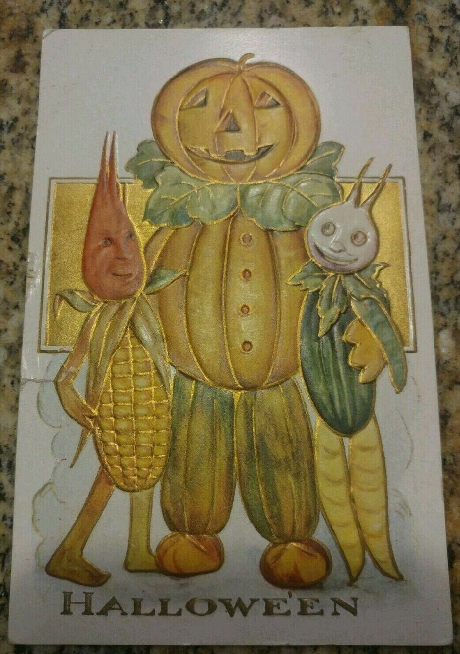 HALLOWEEN POSTCARD Anthropomorphic 1900s 1 cent stamp HALLOWEEN Embossed